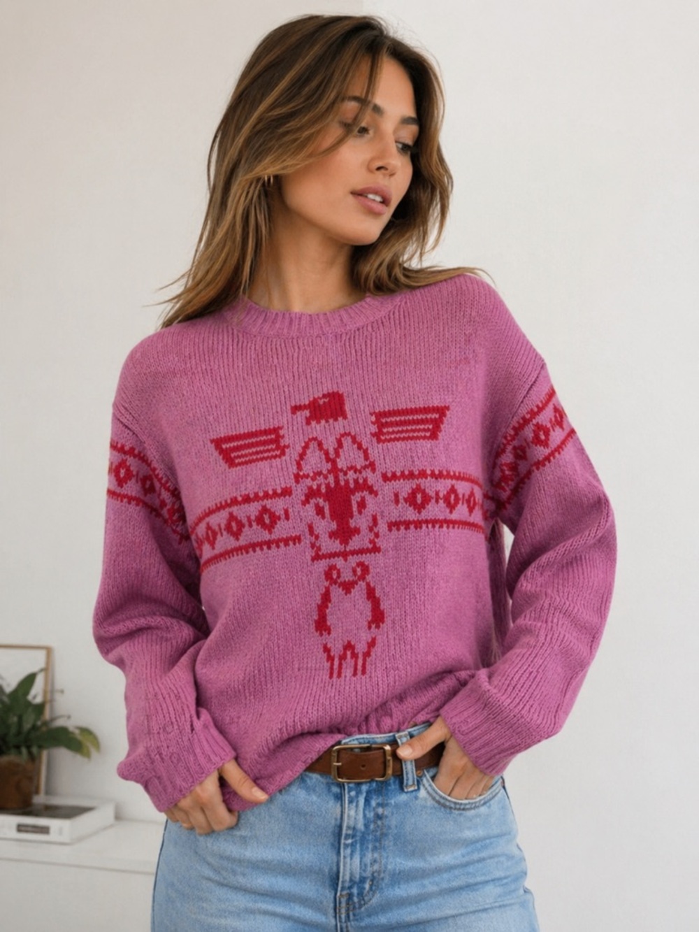 Levi’s Pink Red Graphic Sweater XS Cotton Blend Knit Crewneck Boho Cozy